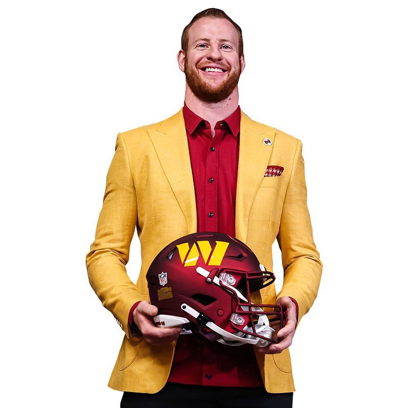 Carson Wentz roasted for Commanders-colored suit