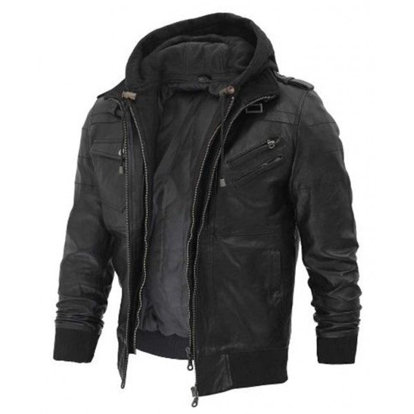 Black Hooded Leather Jacket With Removable Hood