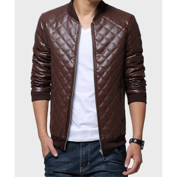 Mens Brown Quilted Leather Jacket | Free Shipping