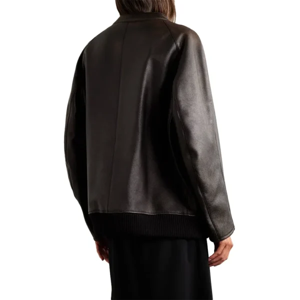 Distressed Brown Leather Bomber Jacket Women - Image 3