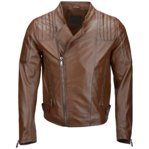 Men’s Quilted Shoulder Brown Leather Jacket