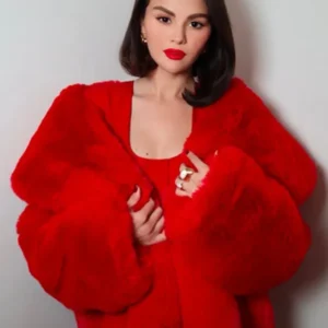 Selena Gomez London Event Red Fur Coat