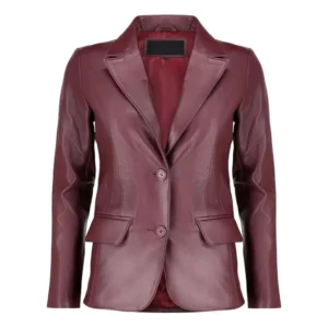 Womens Maroon Two Button Leather Blazer