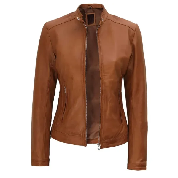 Women's Waxed Biker Brown Leather Jacket - Image 2